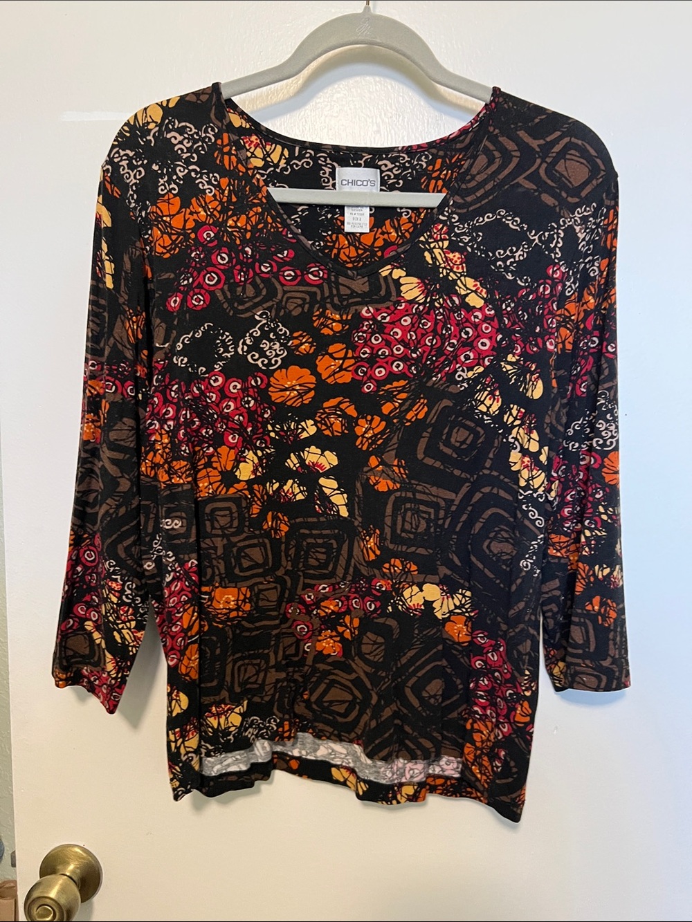 Chico's Black Floral & Geometric V-Neck Long Sleeve Top